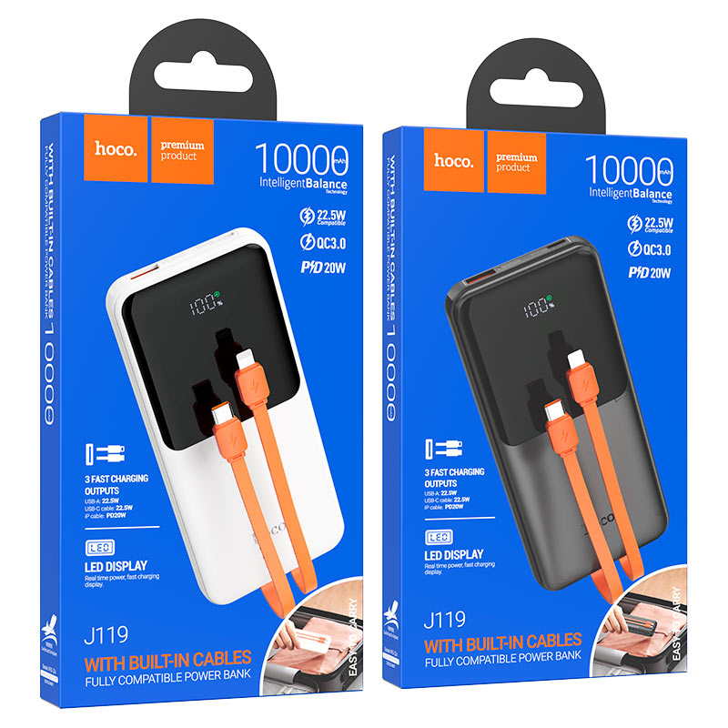 Hoco J119 Sharp charger 22.5W+PD20 fully compatible power bank with digital display and cable(10000mAh) - White