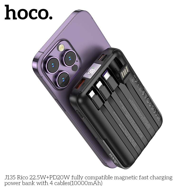 J135 Rico 22.5W+PD20W 10000mAh Magsafe + 4 Cables + Stand fast charging power bank - Black