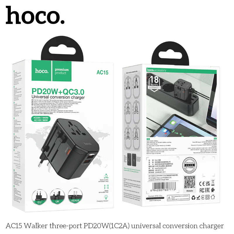 HOCO AC15 Walker three-port PD20W(1C2A) universal conversion charger