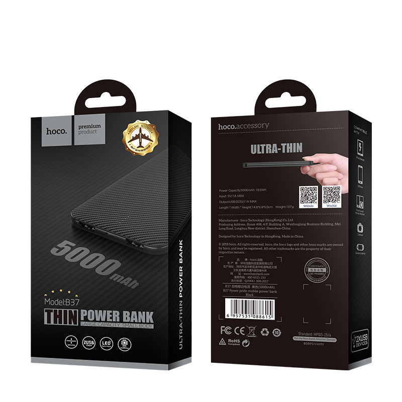 HOCO B37-5000 Portable Slim Power Bank (5000mAh) - Black