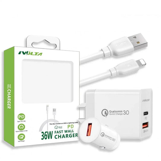iVolta Type-C PD + QC3.0 USB Fast Wall Charger with USB - Lightning Cable and Car Charger