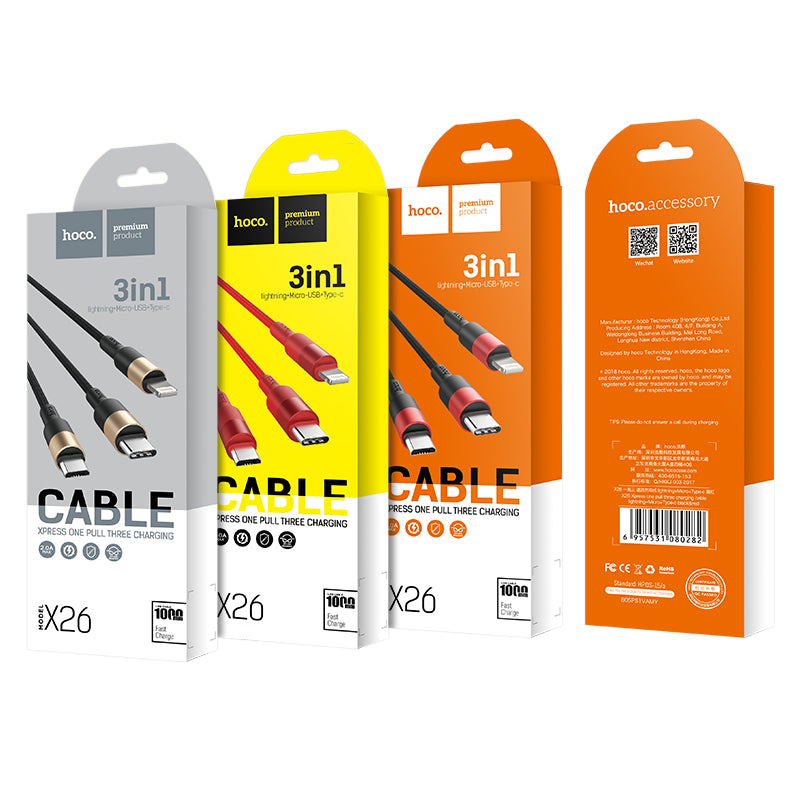 HOCO X26 Xpress one pull three charging cable,lightning+Micro+Type-c L=1M