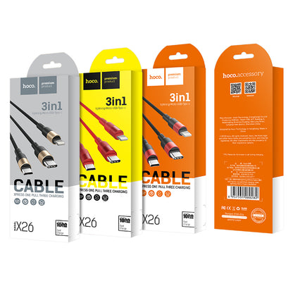 HOCO X26 Xpress one pull three charging cable,lightning+Micro+Type-c L=1M