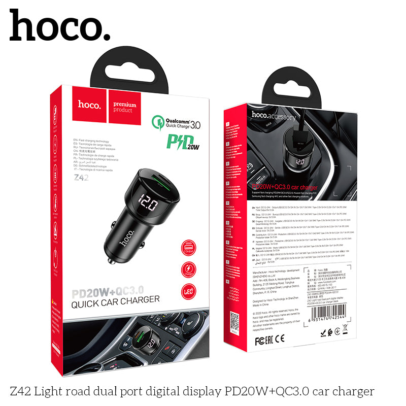 HOCO Z42 PD 20W + QC3.0 Light road dual port digital display - Car Charger
