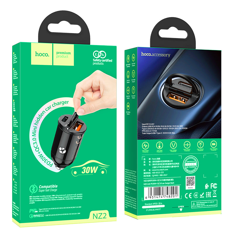 HOCO NZ2 PD 30W + QC3.0 Fast Mini Hidden Car Charger