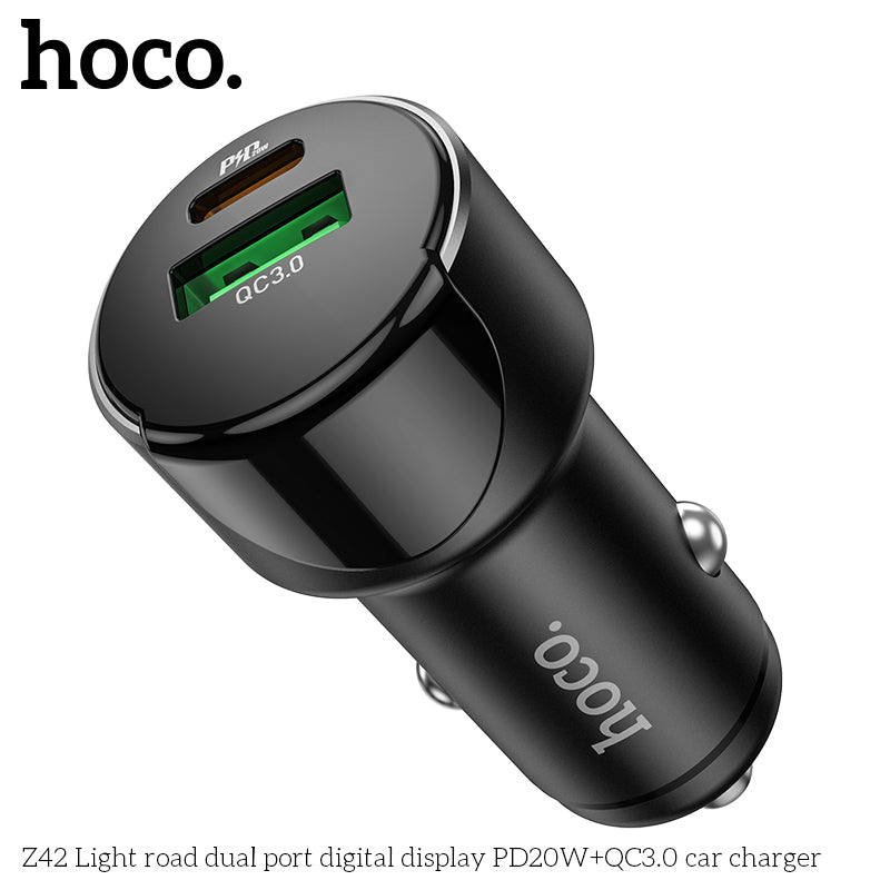 HOCO Z42 PD 20W + QC3.0 Light road dual port digital display - Car Charger