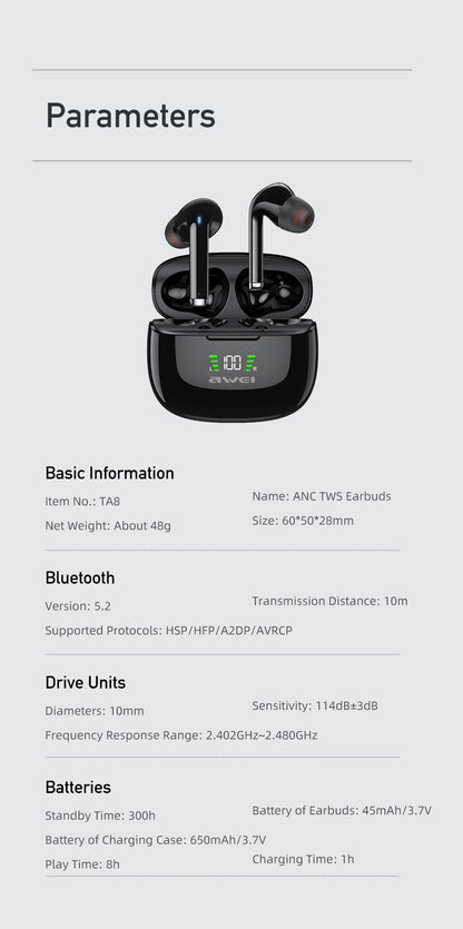 Awei TA8 True Wireless ANC Earbuds with Charging Case