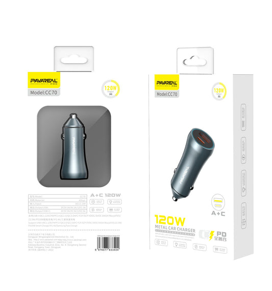 PAVAREAL CC70 120W(1C1A) Metal Car Charger - Black