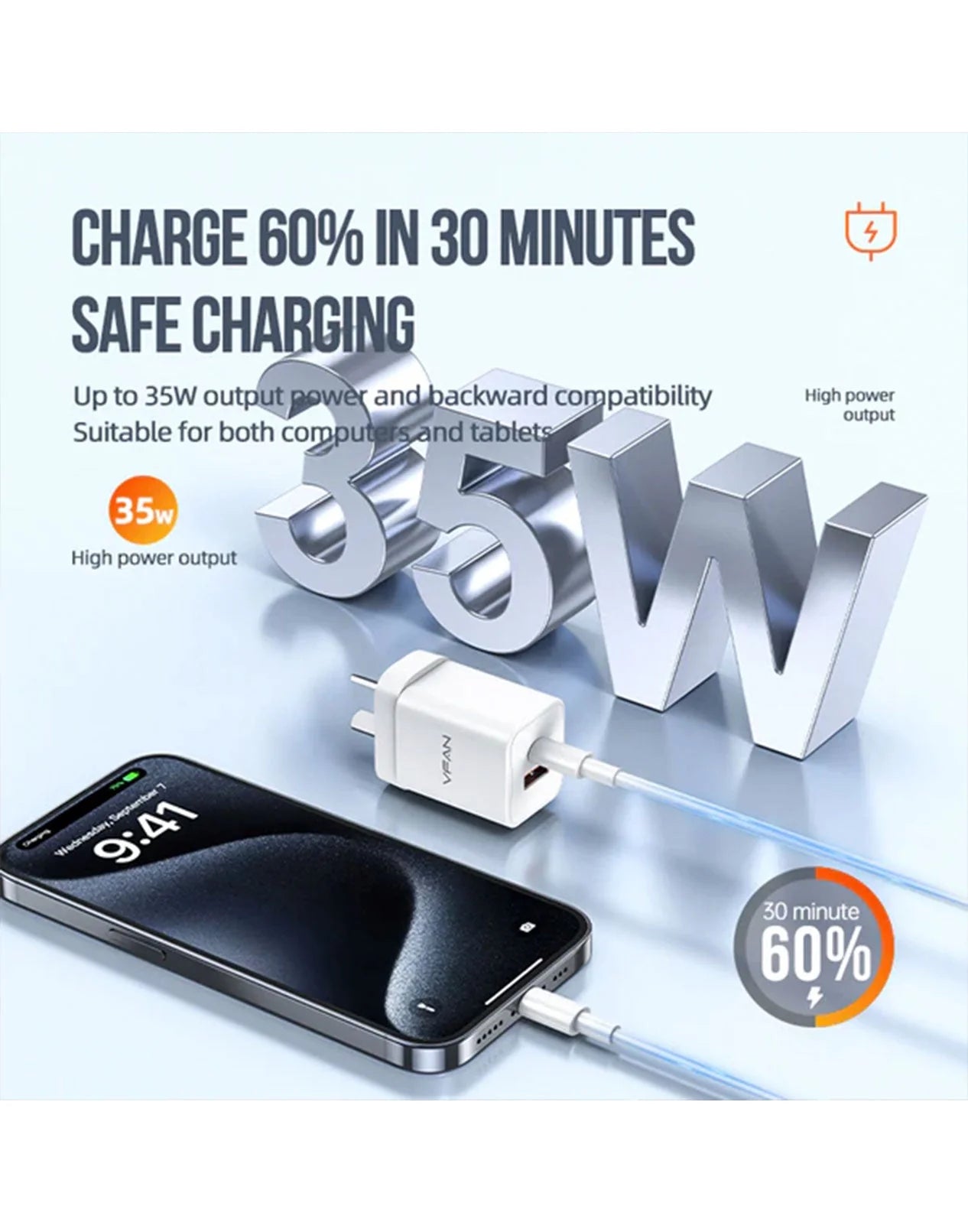 VFAN Gan 35W Dual Type-C & USB-A PD Ultra Fast Charger - AU8