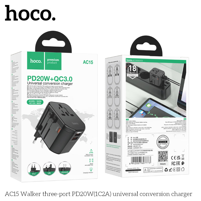 HOCO AC15 Walker three-port PD20W(1C2A) universal conversion charger