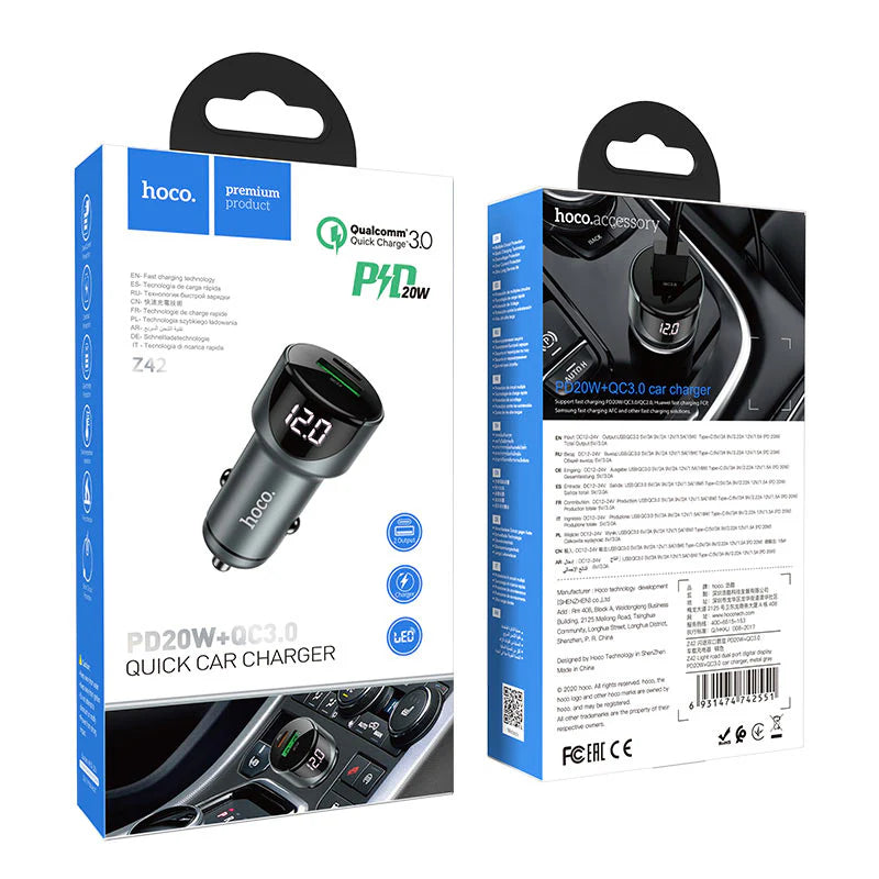 Z42 Light road dual port digital display PD20W+QC3.0 car charger