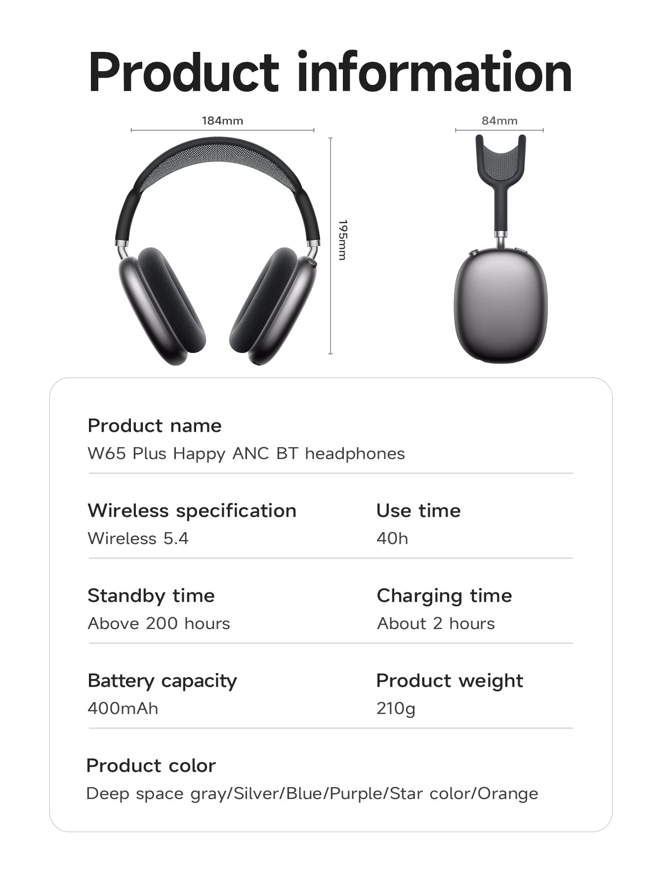 W65 Plus Happy ANC BT headphones Silver