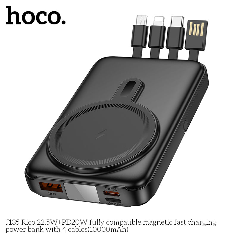 J135 Rico 22.5W+PD20W 10000mAh Magsafe + 4 Cables + Stand fast charging power bank - Black