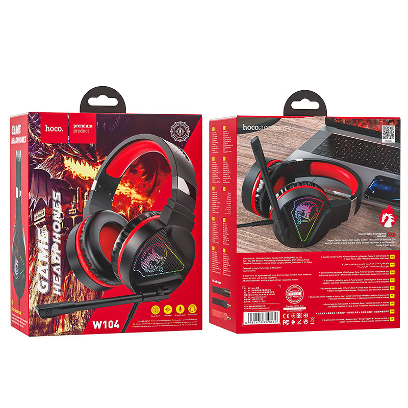 HOCO W104 Wired Gaming Headphones with Mic - Red