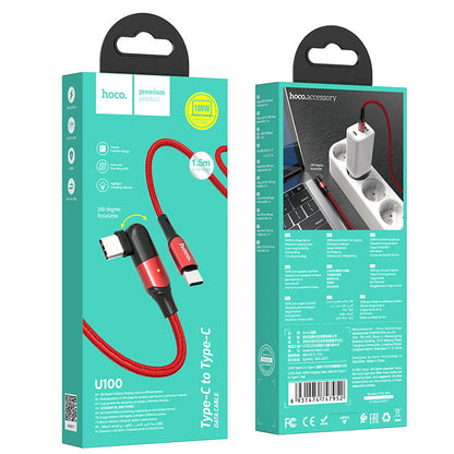 U100 Type C to Type C 100W Rotate Super Fast Charging Laptop Cable - Red