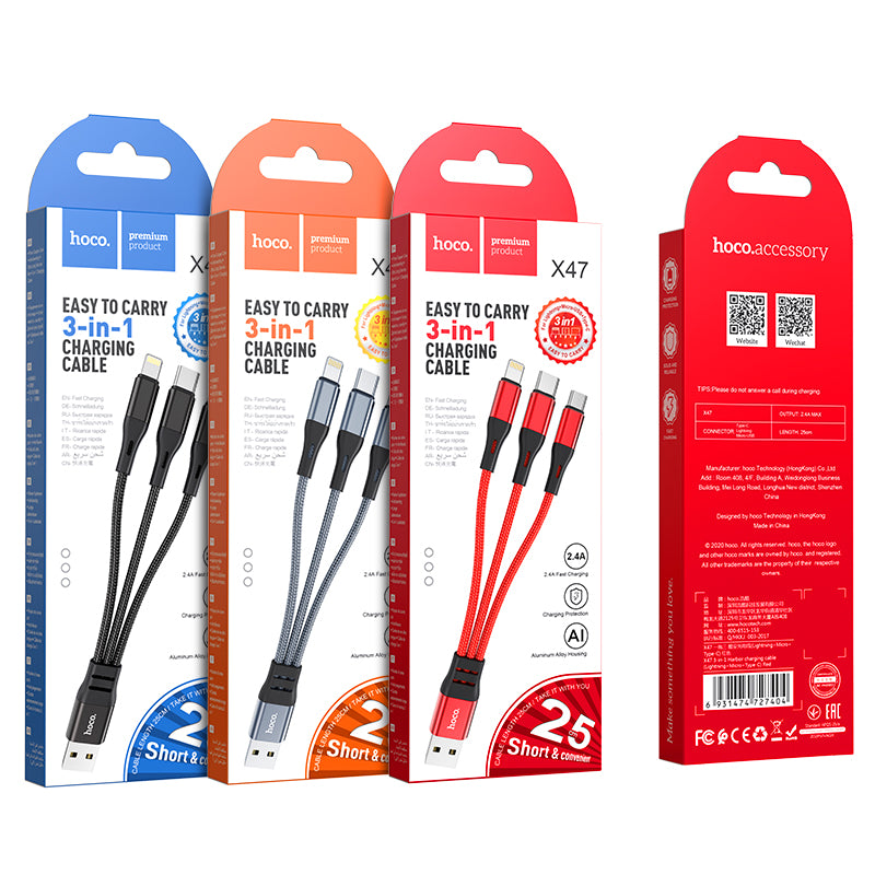HOCO X47 3-in-1 Harbor charging cable(Lightning+Micro+Type-C) L=0.25M