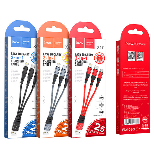 HOCO X47 3-in-1 Harbor charging cable(Lightning+Micro+Type-C) L=0.25M