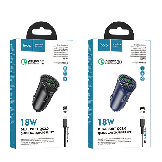 HOCO Z39 Farsighted dual port QC3.0 Car charger set (iPhone)